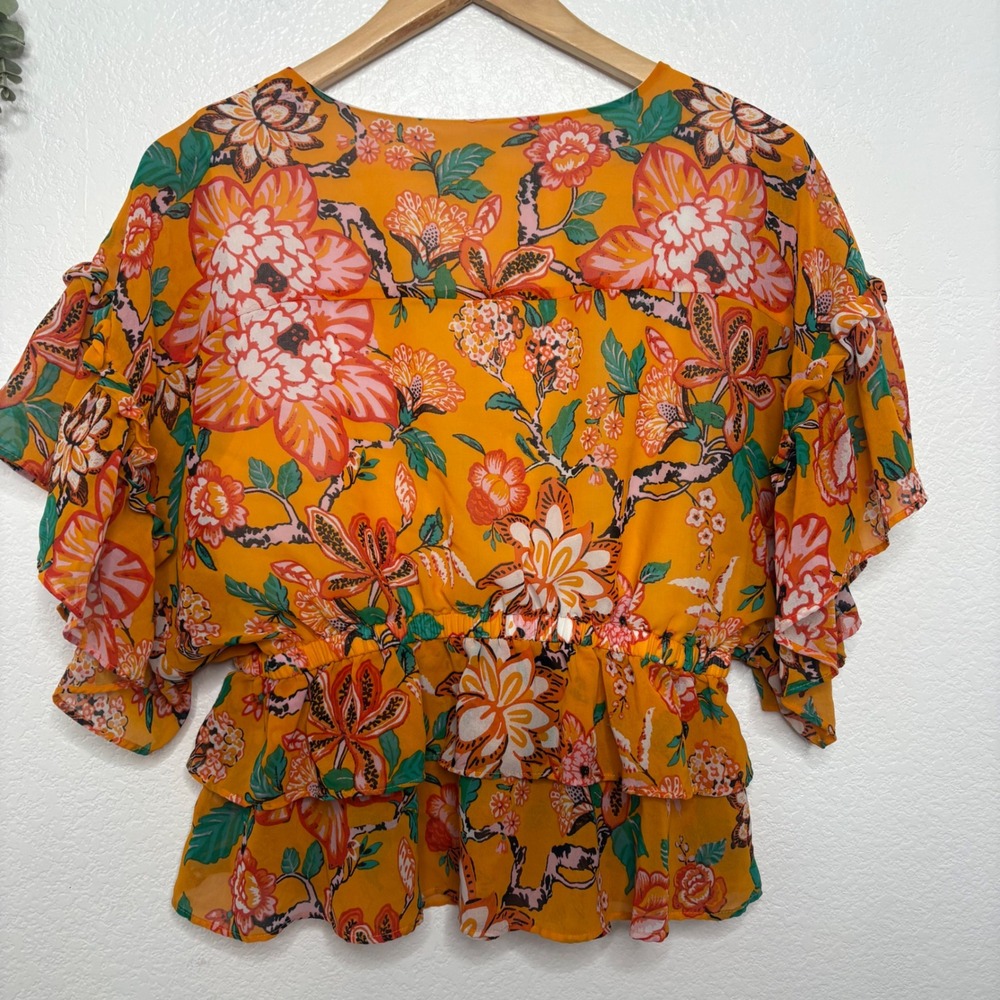 Marc New York Floral Peplum Blouse Orange V-Neck Ruffle Sleeve Top Medium - Picture 6 of 6
